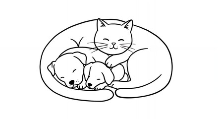 Obraz premium Monochrome Line Art of Curled Up Cat and Two Sleeping Puppies Creating a Heart Shape Illustrating Warmth and Companionship on White Background