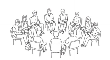 Monochrome Line Art of People Sitting in Circle on Chairs for Meeting Simple Black and White Sketch