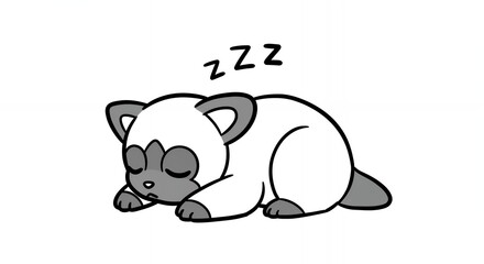 Fototapeta premium Sleeping White and Gray Cartoon Animal Illustration on White Background Featuring Peaceful Slumber with Zzz
