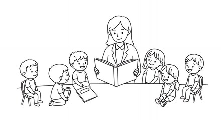Woman Reads Book to a Group of Children Black and White Illustration Teacher Engaging Kids in Storytelling in a Bright Educational Setting Monochrome Graphic Art