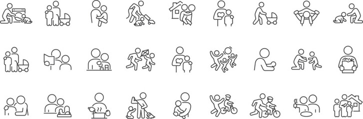 Naklejka premium Childcare and Parenting Icon Set – Family, Baby, Mom, Dad, Child, Love, Parenting, Playtime, Care, Hug, Bond, Toddler, Education, Preschool, Relationship, Holding Hands, Nurture