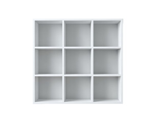 A square, white, empty bookshelf with nine compartments