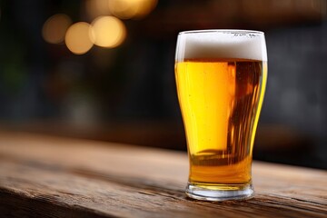 A beer glass is filled with golden beer topped with foam sitting on a rustic wooden surface against a blurred background