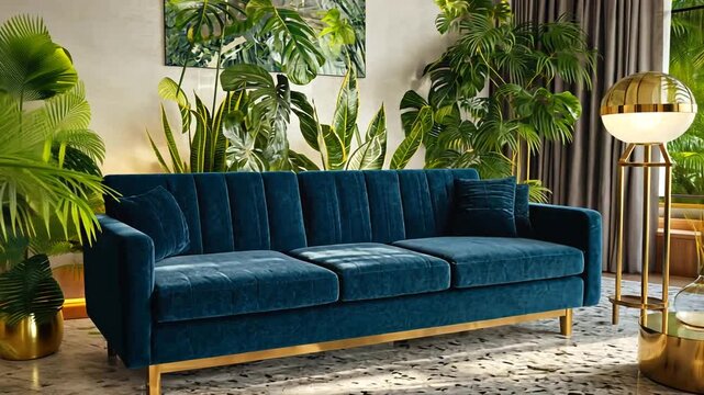 Elegant modern living room featuring a plush blue sofa amidst lush greenery and stylish decor