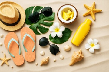 Summer beach vacation accessories with flip flops, sunglasses, hat, flowers, and tropical fruit arranged creatively on sand background.