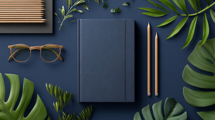 Stylish desk setup with notebook glasses pencils and tropical leaves on a dark blue background