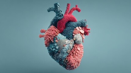 Artistic anatomical heart made from textile fabric and yarn symbolizing love medicine health and artistic expression for educational visuals
