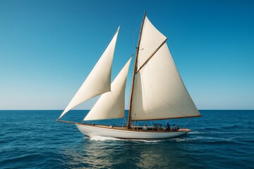Fototapeta premium Classic white sailboat with people onboard gliding over calm blue ocean under clear sky with bright sunlight, enjoying sailing as a relaxing hobby.