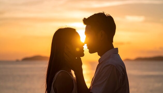 Couple embracing at sunset