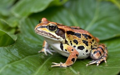 Obraz premium Brown and yellow spotted frog on green leaf amphibian