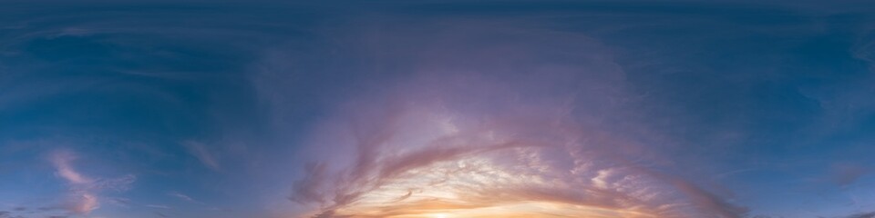 Seamless 360 HDR spherical panorama of sunset sky with vibrant pink Cirrus clouds. Full zenith or sky dome in 3D, sky replacement for aerial drone panoramas. Climate and weather change.