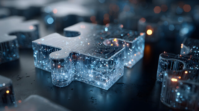 Digital Puzzle, Technology Concept Glowing Jigsaw Pieces on Blue Futuristic Background - Powered by Adobe