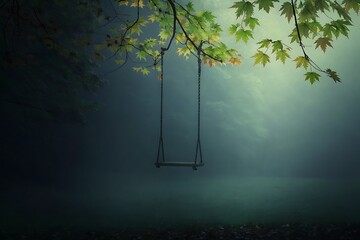 Tranquil Swing in Misty Forest with Vibrant Green Leaves and Soft Light Atmosphere