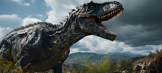 A haunted gothic Baryonyx perched on a wind-swept hill art, generative ai