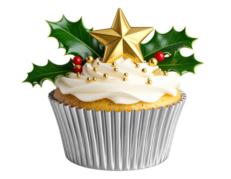 Red and Green Iced Christmas Cupcake with Sprinkles and Star Topper Isolated on Transparent Background PNG