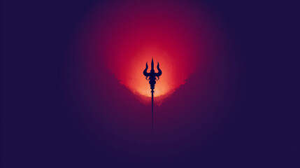 Minimalist Maha Navami visual, abstract representation of trishul piercing demon silhouette, fire and divine light in center, bold red-to-dark purple gradient background,