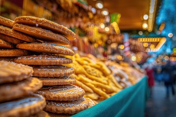 close-up of traditional German Christmas market stall selling gingerbread cookies, wooden crafts, glowing lanterns in background, no text.