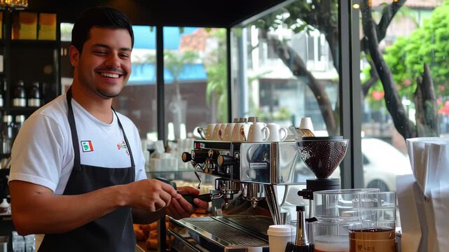 Brazilian barista skillfully prepares espresso at a bustling caf in a sunny urban setting, Brazilian barista making coffee on the espresso machine in a coffee shop in Brazil