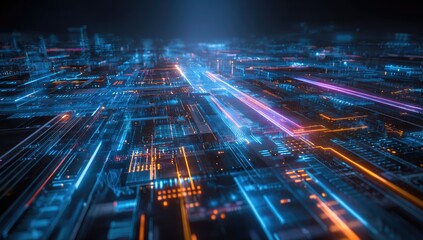 Digital city network, glowing lines