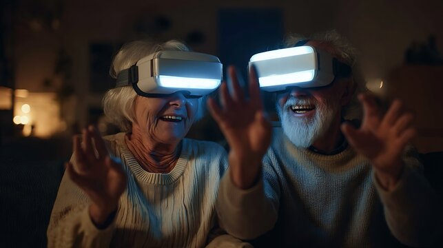 Seniors Experiencing Virtual Reality Wearing Vr Headsets Indoors
