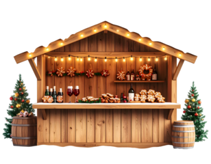  Snowy Holiday Market Booth Selling Gifts and Hot Drinks Isolated on Transparent Background PNG
