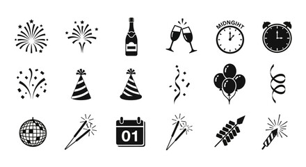 New Year's Celebration Icons: A collection of whimsical icons capturing the essence of a joyous New Year's celebration, rendered in a simple, appealing illustration style. 