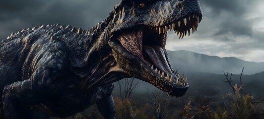 A haunted gothic Baryonyx perched on a wind-swept hill art, generative ai