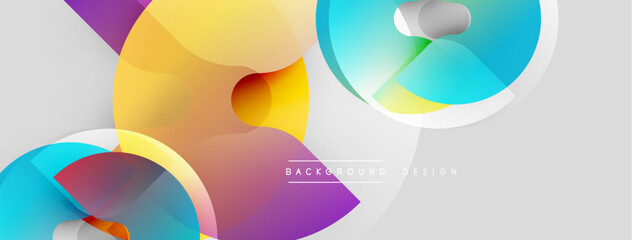 Fototapeta premium Abstract colorful shapes overlap, creating dynamic composition. Gradients blend yellow, purple, blue hues. Modern design element.