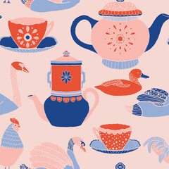 This delightful folk-art pattern combines pastoral charm with cozy tea-time vibes. Rendered in bold black silhouettes against a white background.