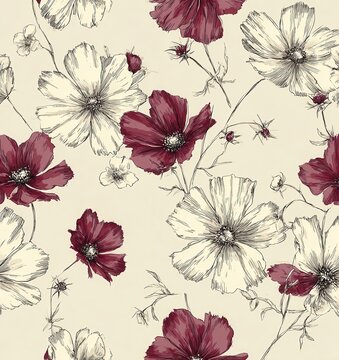 seamless ink sketch floral pattern cream background