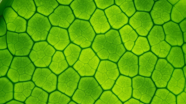 Close up view of green leaf cell structure under microscope showing natural plant biology pattern and organic science concept