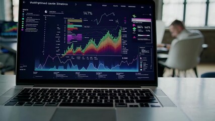 A close-up shot of a laptop displaying colorful analytics graphs, set in a modern office. The video captures a dynamic work environment. - Powered by Adobe
