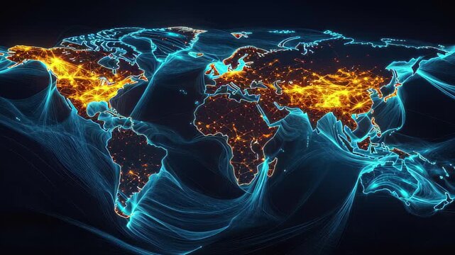 World map illuminated by trade routes showcasing global economic connections, world map glowing with trade routes global economy visualized