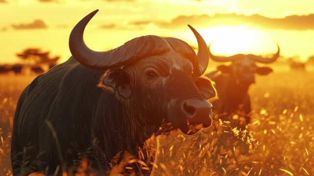 Buffaloes graze peacefully in the savannah during a stunning sunset over the African landscape, African buffaloes in the savannah at sunset