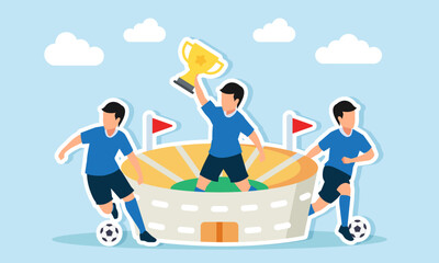 Two footballers playing near a stadium where a football player holds a trophy illustration of celebration for winning a football competition or league