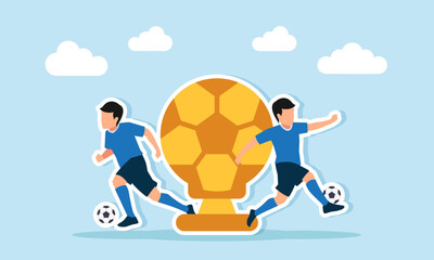 Two footballers playing near a golden ball trophy illustration of intense competition to win the title of the best football player in the world