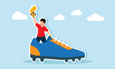 A goalkeeper emerging from a football boot holding a golden glove trophy illustration of competition to win the award for most saves or clean sheets
