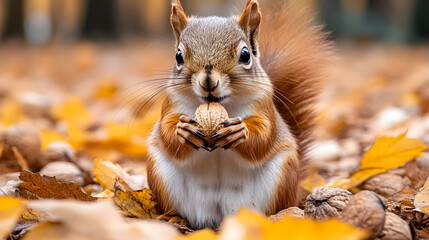 A red squirrel eats sitting in a bird feeder close-up in the forest, a chipmunk storing nuts in its cheeks.