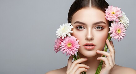 woman's close-up portrait with natural makeup, holding pink and white flowers for a beauty and skin care concept.