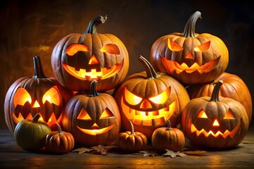 A group of glowing jackolanterns are displayed for halloween