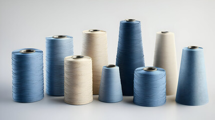 Assorted spools of light blue and cream-colored thread, arranged in a slightly overlapping cluster.  Various cone shapes and sizes, on a plain light gray background