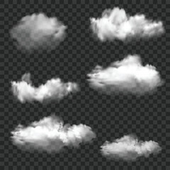 Realistic White Smoke and Cloud Shapes Set. Transparent Overlay. Vector