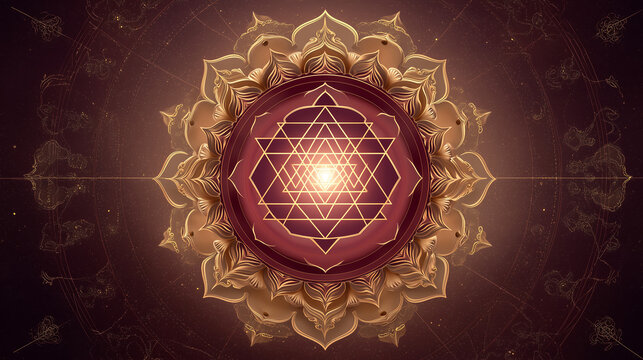 Spiritual Lalita Panchami scene, symbolic Sri Chakra yantra glowing at center, lotus petals, divine feminine motifs