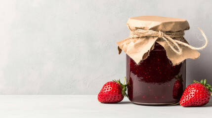 Jar of strawberry jam made with fresh ingredients is placed on light surface, accompanied by ripe strawberries, showcasing quality food choices and vibrant flavor