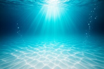 Sunlight rays penetrating clear blue ocean water creating serene underwater seascape with rippling sand and air bubbles, peaceful nature scene.
