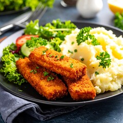 Crispy fish fingers with mashed potatoes and salad (1)