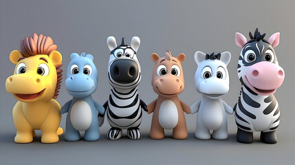 Obraz premium Cute cartoon animals holding hands, standing in a row. Happy, friendly, and colorful characters. Perfect for children's media