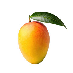 A ripe vibrant mango with a green leaf isolated on transparent background