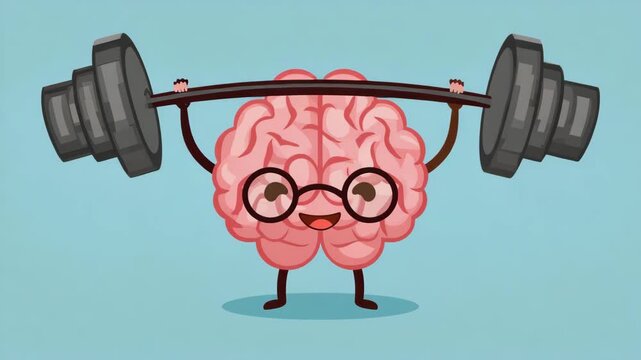 Cute Cartoon Brain Lifting Weights in Mental Health and Cognitive Training Illustration