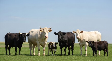 Fototapeta premium Group of cattle on green farm pasture. Farm animals standing on field with blue sky. Livestock and agriculture concept.